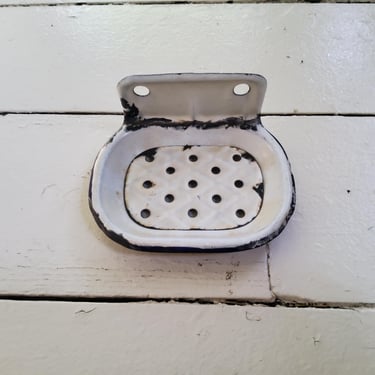 Vintage Enamel Wall Soap Dish – White with Black Trim & Drain Holes 