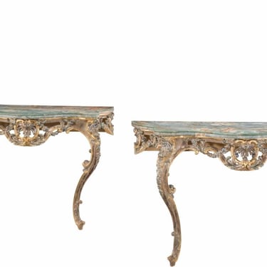 Pair of Antique Italian Baroque Rococo Style Carved Polychrome Giltwood Wall Console Tables 