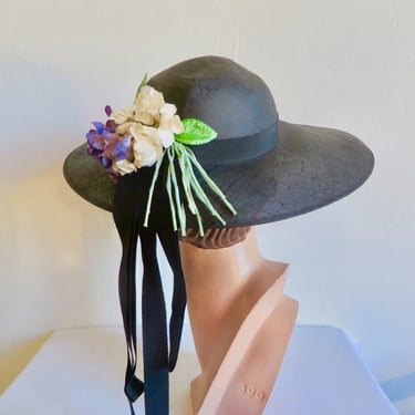 1950's Black Sisal Straw Wide Brim Hat Purple and White Fabric Flowers Trim Portrait Picture Hats 50's Spring Summer Millinery Marie Smith 