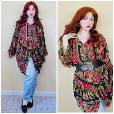 1990s Vintage Sunflower Print Cocoon Tunic / 90s Rayon Grunge Ruched Bustle Mini Dress / Size 