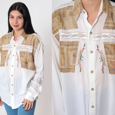 White Embroidered Shirt 90s Abstract Yoke Button Up Shirt Long Sleeve Shirt Tan Geometric Collared Retro Cotton Vintage 1990s Large L 
