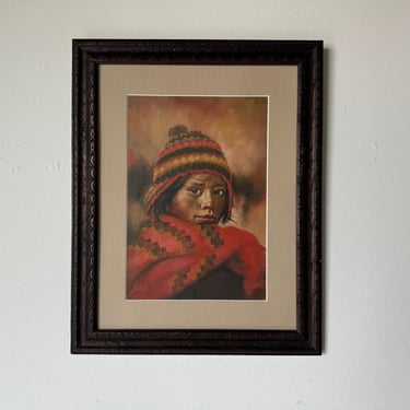1990's Josy Peruvian Portrait of Andean Child Oil Painting, Framed 