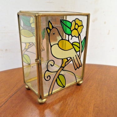 Vintage Interpur Glass Bird And Flower Trinket Box W/ Hinged Lid & Mirrored Back 