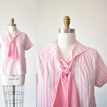 1960s Maternity Blouse / Vintage Maternity Shirt / Vintage Pink & White Striped Maternity Top / Vintage Vertical Pink Striped Sailor Blouse 