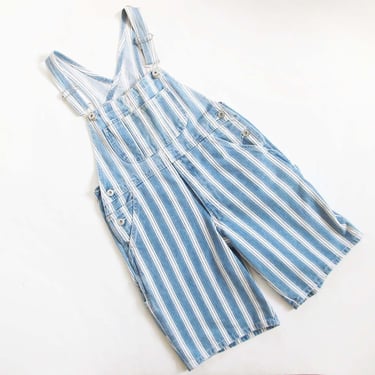 90s GAP Striped Overall Shorts XS S -  Vertical Blue White Engineer Stripe Shortalls - Long Overalls 