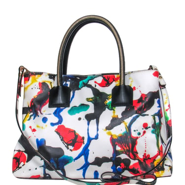 Milly - White & Multicolor Paint Splatter Printed Handbag w/ Strap