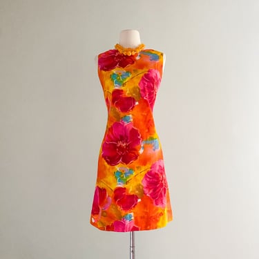 1960's Lauhala Made In Hawaii Floral Cotton Shift Dress / Sz M/L