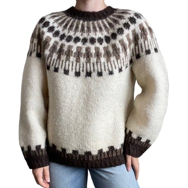 Vintage Hand Knit Icelandic Wool Fair Isle Brown White Chunky Sweater Sz M 