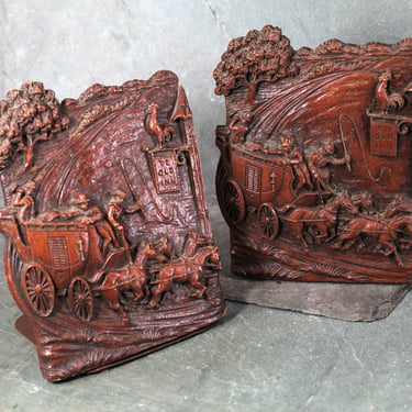Vintage Stagecoach Bookends | Set of 2 Syroco-Style Pressed Wood Bookends | Vintage Wooden | Wild West Decor |  Bookends | Bixley Shop 
