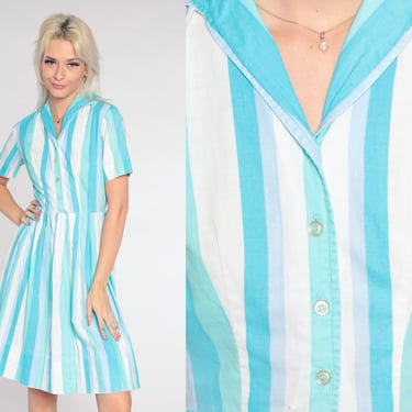 60s Day Dress Striped Shirtdress Blue White Midi 1960s Vintage Pleated Full Skirt High Waist Button Up Shirtwaist Extra Small xs 