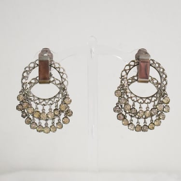 1960s Silver and Rhinestone Double Hoop Clip Earrings 