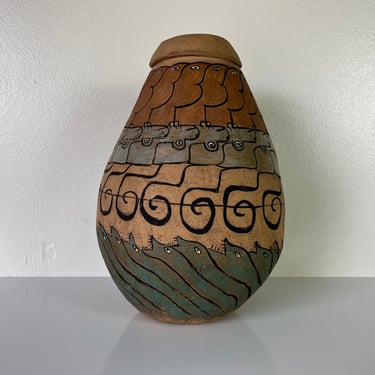 1980's Vintage Ceil Herlinger Hand Painted Art Studio Pottery Vase 