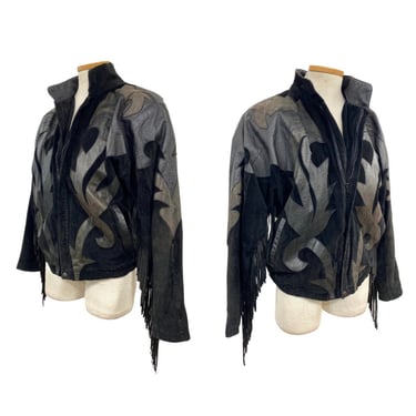Vtg Vintage 1980s 80s Rocker Black Leather Dolman Sleeve Fringe Jacket 