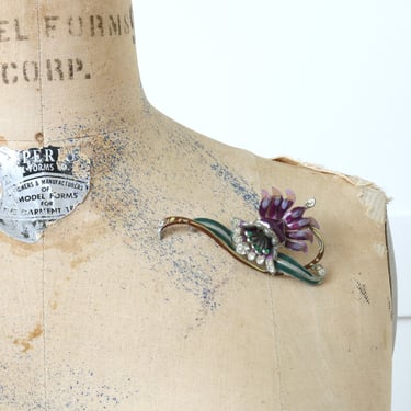 vintage 1930s ~ 1940s Coro flower brooch • purple & green enamel with rhinestone large trembler brooch • garden party Katz design 