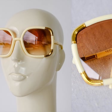 Vintage 70s TED LAPIDUS Cream Square Oversized Sunglasses w/ Gold Plated Accents | Made in France | 1980s French Designer Large Sunglasses 