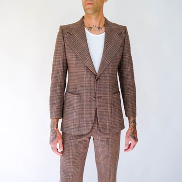 Vintage 70s PIERRE CARDIN BOUTIQUE Brown Tartan Plaid Wool Flare Leg Suit | Designed in France | 1970s French Designer Tailored Mens Suit 
