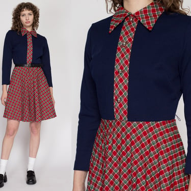 Medium 70s Plaid Fit & Flare Mini Dress | Vintage Navy Blue Red Button Up Long Sleeve Holiday Party Dress 