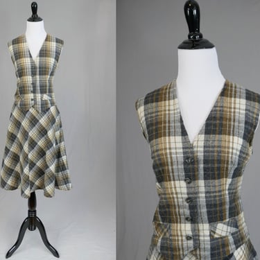 70s Plaid Vest and Skirt Set - Charcoal, Brown, Off-White - Vintage 1970s - S 