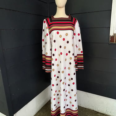 1970s Dotted and Striped Maxi Dress Bell Sleeves Vintage 40 Bust Vintage 