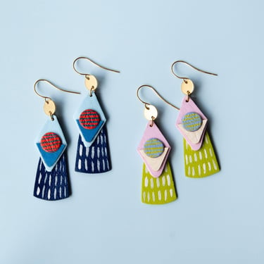 Geometric Patchwork Earrings in Lilac / Matcha Green - Lightweight Reclaimed Leather Statement Earrings 