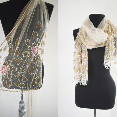1920s Beaded Fringe, Sequin, and Metal Thread Embroidered Net Scarf 