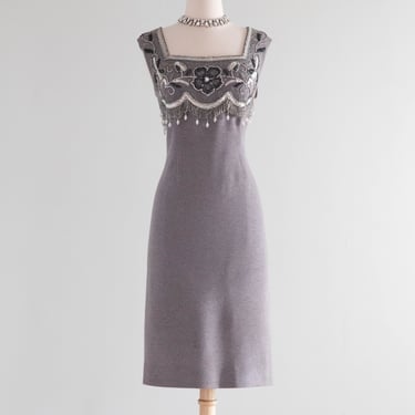 Glamorous Late 1950's Pewter Beaded Knit Cocktail Dress By Mr. Blackwell / M