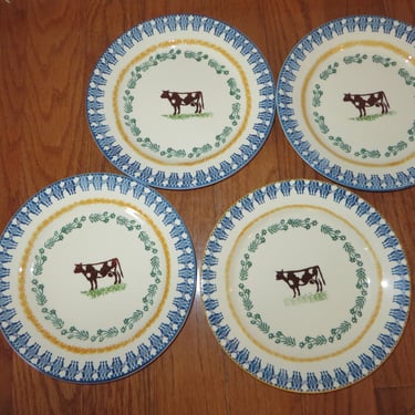 Vintage Moorland English Pottery Stenciled Cow Plates - Staffordshire Pottery Stenciled Plates 