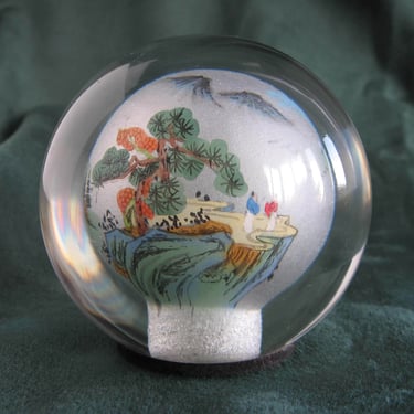 Vintage Asian Reverse Painted Small Glass Paperweight 2.25