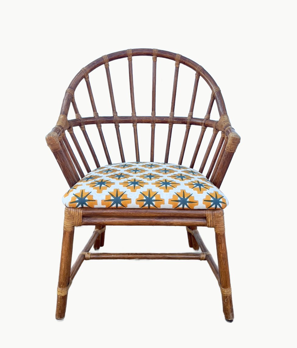 Vintage Barrel-Back Rattan Chair with Block-Printed Seat | & Found ...