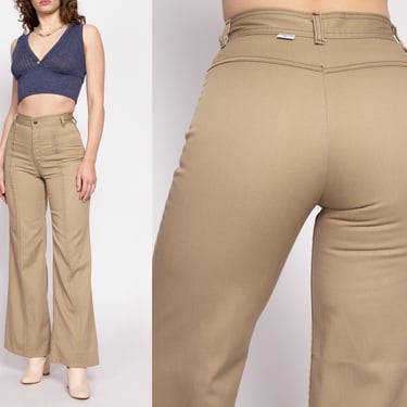 70s Khaki Saddleback Flared Pants - Small, 25.5" | Vintage High Waisted Bell Bottoms Retro Trousers 