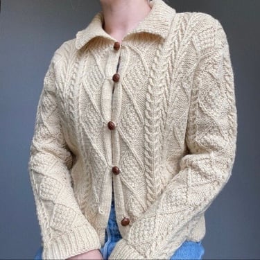 Vintage 60s Hand Knit Cream Irish Fisherman Chunky Folk Cardigan Sweater Sz M 