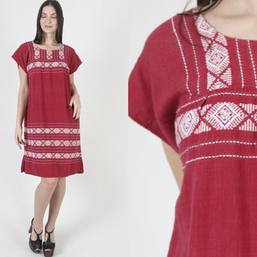 Zig Zag Print Guatemalan Dress / Vintage Cotton Aztec Embroidered Shift / Striped White Maroon Mexican Woven Cover Up 