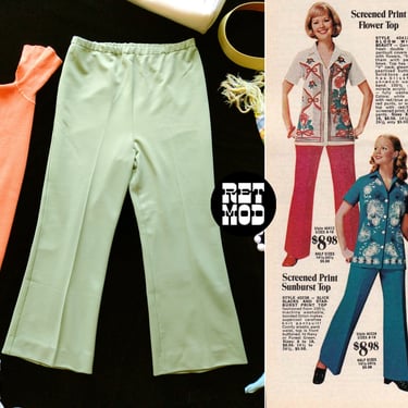 Vintage 60s 70s Pastel Olive Green Polyester Pants 