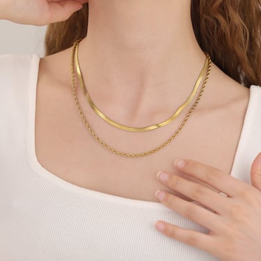 N020 gold double herringbone chain necklace, duo twisted rope chain necklace, rope chain necklace, herringbone necklace, duo chain necklace 