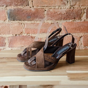brown platform heels | 90s y2k vintage vegan faux suede peep toe chunky heel slingback sandals shoes size 7.5 