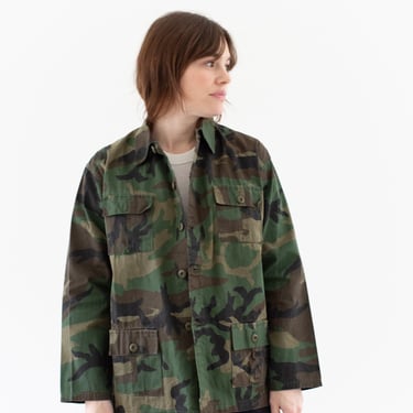 Vintage Faded Green Brown Camo Shirt Jacket | Unisex Camouflage Cotton Blend Button Up | M | 