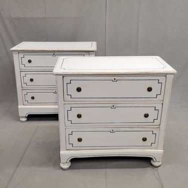 Pair of Antique 19th Century Pine Painted White Dressers With Blue French Line Motif