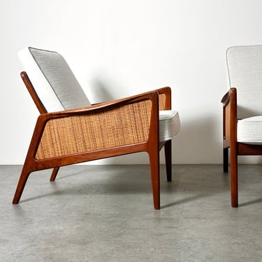 Pair Rare Model FD 151 Lounge Chairs in Teak and Cane by Peter Hvidt and Orla Molgaard Nielsen Denmark 1950s 