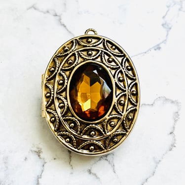 Vintage AVON Perfume Gold Tone Locket Pin Pendant 1.75” Amber Topaz Rhinestone by LeChalet