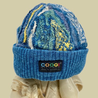 Vintage Coogi Beanie Retro 2000s Y2K + Unisex Size XL + Woven + Blue/Yellow/White + Stretchy + Accessory + Fall or Winter Hat + Australia 