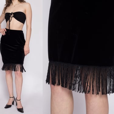 90s Beaded Fringe Black Velvet Mini Skirt - Medium | Vintage High Waisted A Line Knee Length Skirt 