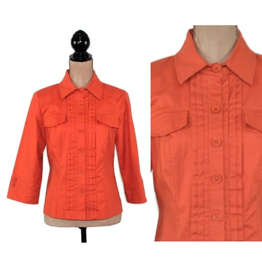 Y2K Fall Orange Cotton Jacket or Shirt Women Medium, 3/4 Sleeve Collared Button Up, Pleated Front Faux Chest Pockets JH COLLECTIBLES Size 10 