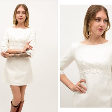 Vintage 1960s 60s Ivory White Sharon Tate Style Lace Trim Cotton Mini Dress // Short Wedding Dress Engagement Bridal Shower Graduation 
