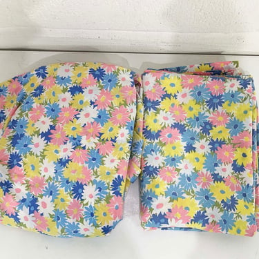 Vintage Twin Sheet Set Flat & Fitted Sheets Wamsutta Pink Blue Yellow Green Floral Bedding Fabric Mid-Century 1960s 1970s 