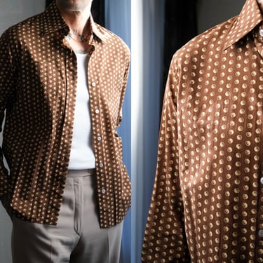 Vintage 70s CHRISTIAN DIOR Brown & Cream Geometric CD Yin Yang Print Button Up Shirt | 100% Cotton | 1970s Dior Designer Mens Dress Shirt 