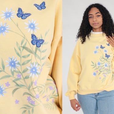 Floral BUTTERFLY Sweatshirt 90s Yellow Morning Sun Graphic Sweatshirt Double Collar Sweater Vintage Shirt 1990s Large L 