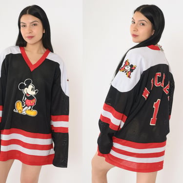 90s Black Mickey Mouse Hockey Jersey Disney Long Sleeve V-Neck Shirt Mesh Pullover Vintage 1990s Sportswear Red White Striped Medium Large 