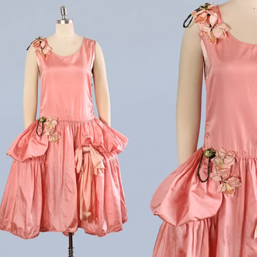 1920s Dress / 20s Pink Taffeta ROBE de STYLE Dress / Ribbonwork Flowers / Silk Bow / Built-in Panniers 