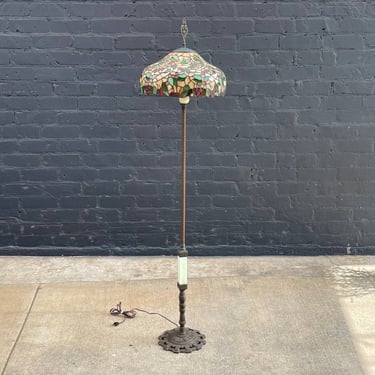 Vintage Art Deco Style Bronze Floor Lamp with Tiffany Style Shade 