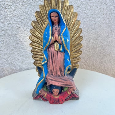 Vintage religious Lady of Guadalupe carved wood statue colorful size 9” x 4.5” 